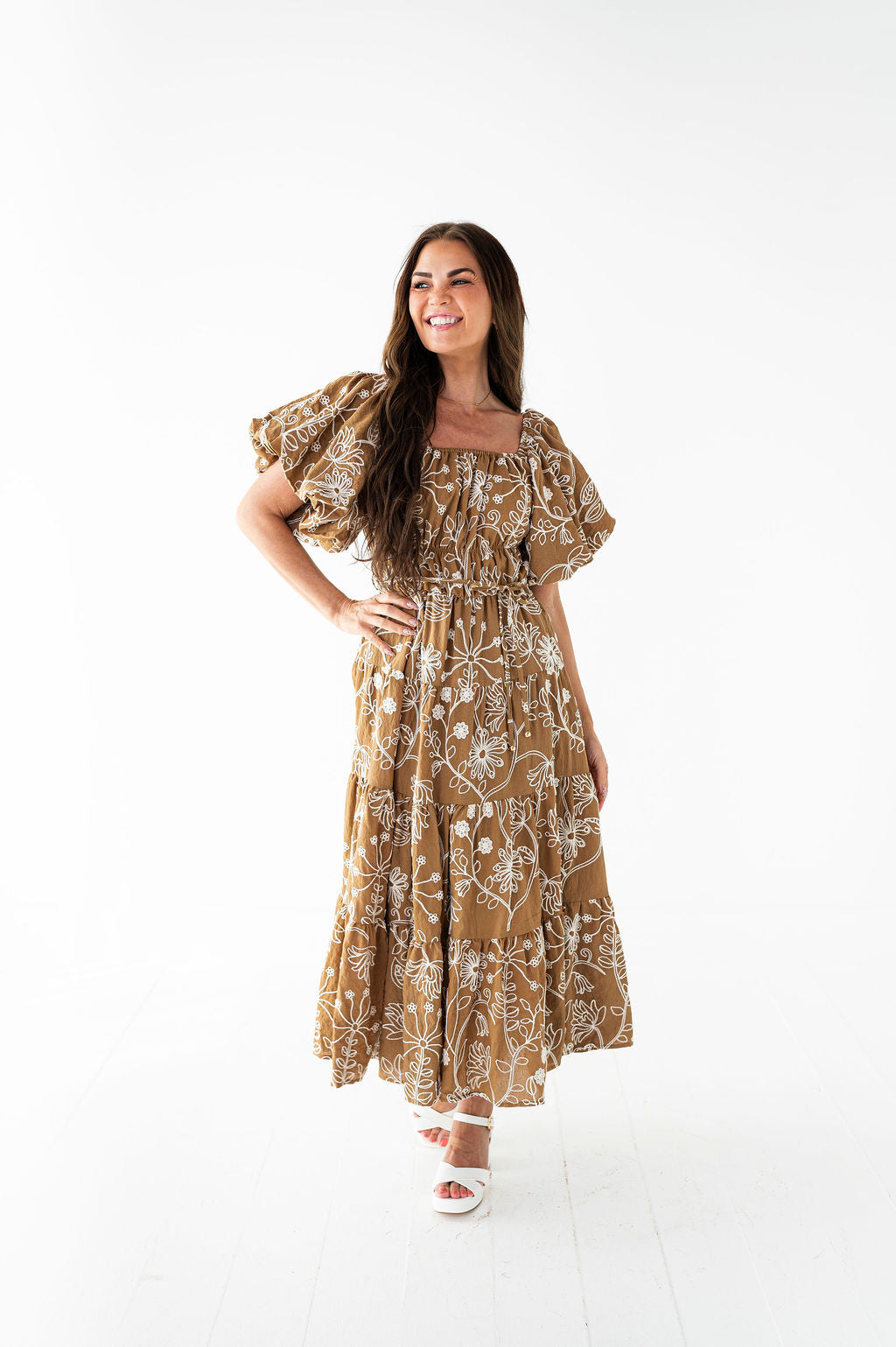 Arden Embroidered Dress in Light Brown