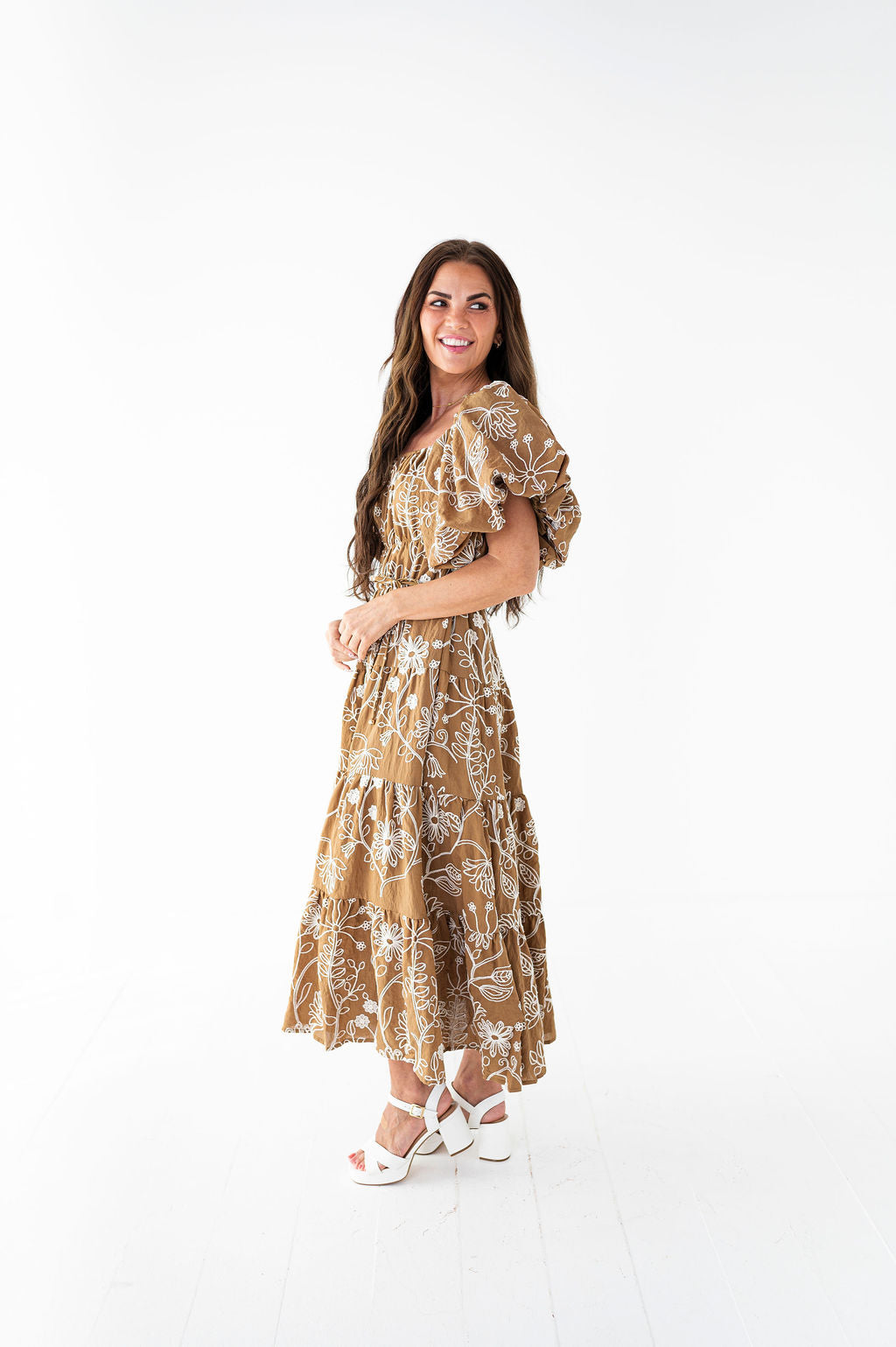 Arden Embroidered Dress in Light Brown