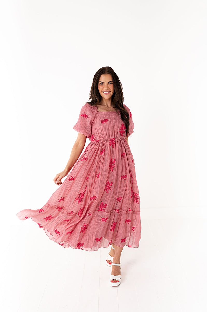 Lola Embroidered Dress in Dusty Mauve