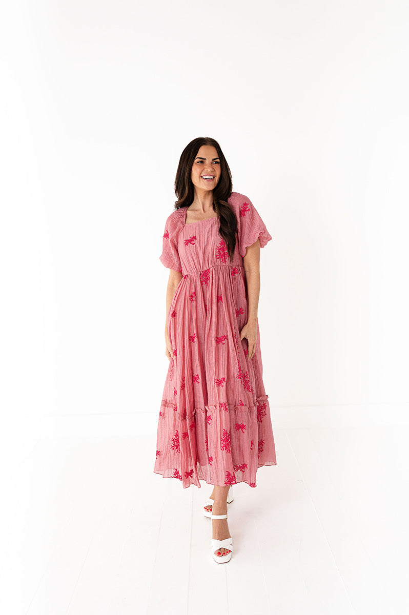 Lola Embroidered Dress in Dusty Mauve