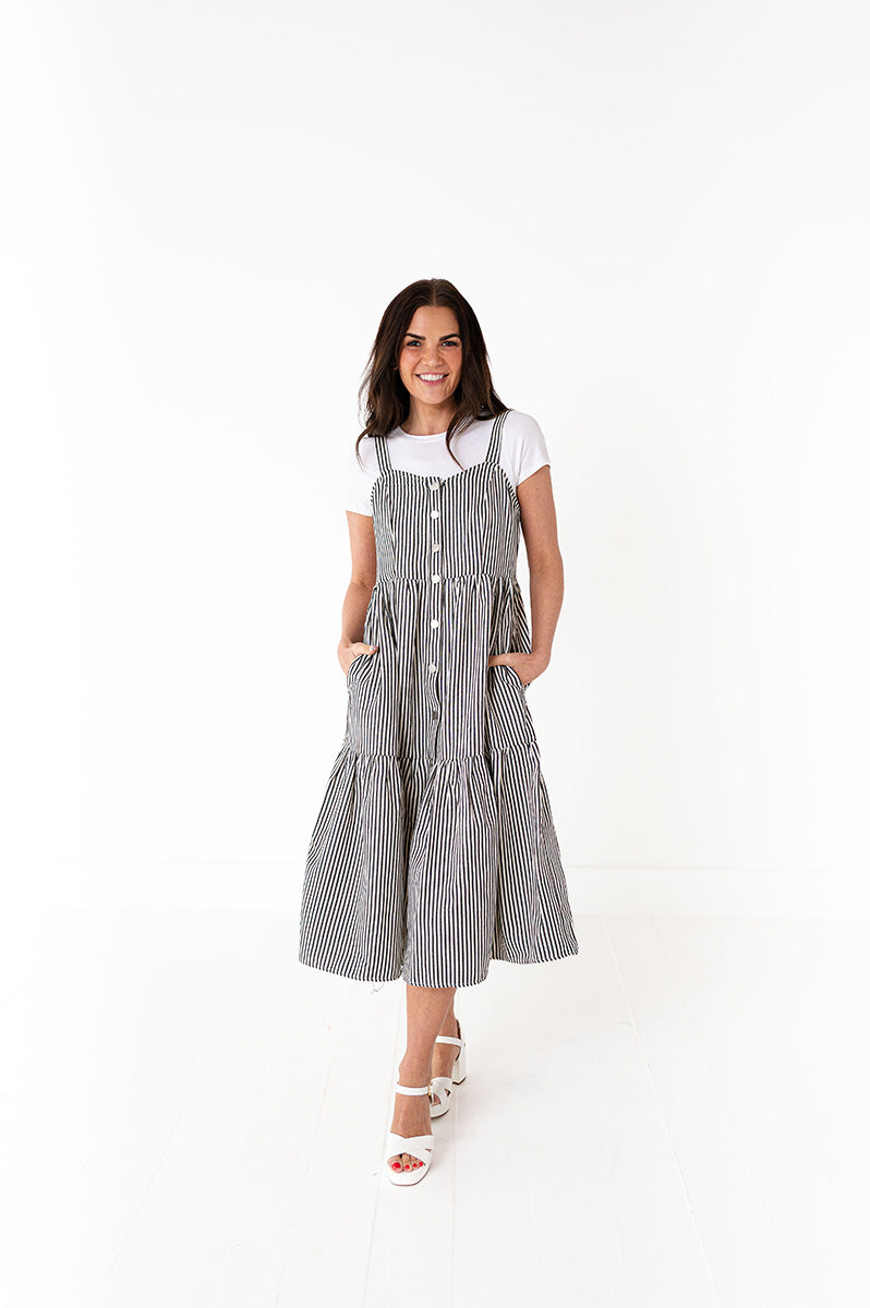 Cheyanne Overall Dress in Black Stripe