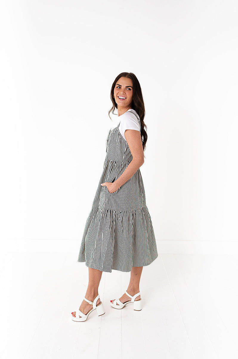 Cheyanne Overall Dress in Black Stripe